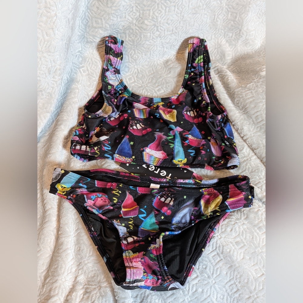 Terez Kids Swimsuit Bikini 2 Piece -Trolls Black with Colorful Cupcake Print